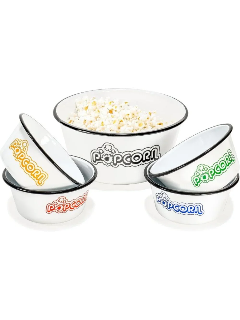 Set of 5 White Enamel Popcorn Bowls - Classic 4 Quart & 1.2 Quart, Assorted